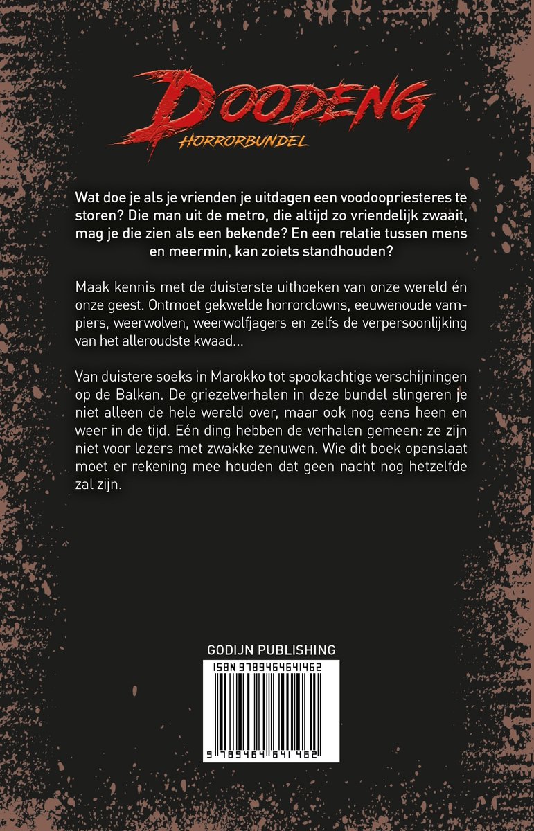Achterkant van het boek 'DoodEng Horrorbundel'. Bevat tekst in het Nederlands en een barcode.