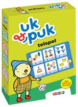 De doos van het Uk & Puk telspel met een jongen, dobbelsteen en afbeeldingen van ballonnen, cadeaus, feestvlaggen, een taart, dieren en kronen.