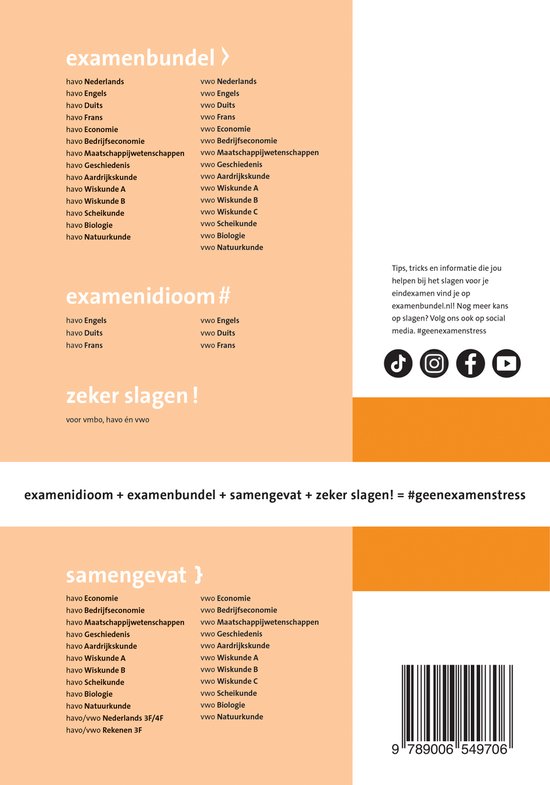 Pagina met studiemateriaal. Titel: examenbundel en examenidioom. Diverse vakken voor havo en vwo.