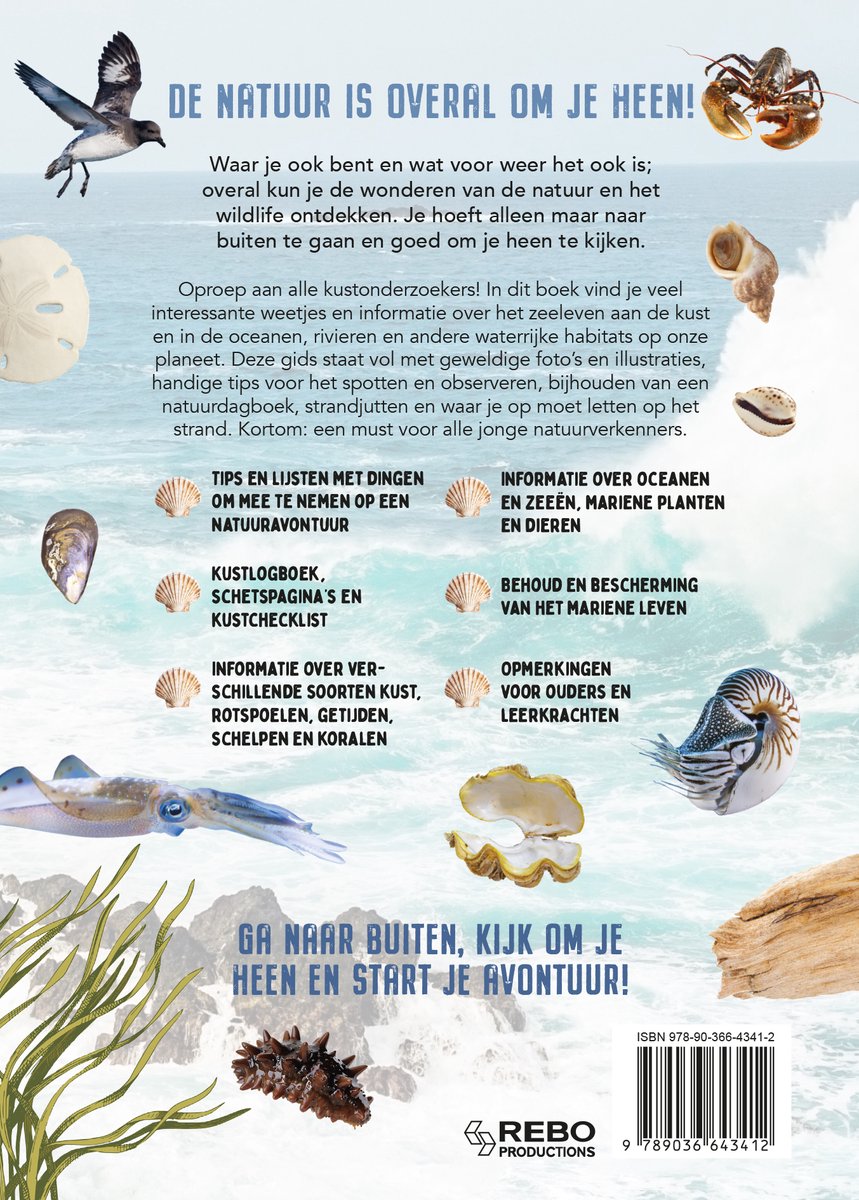 Boekomslag met diverse zeedieren: krab, schelp, zeester, kwal, schelpen en zeepokken. Tekst: 'De natuur is overal om je heen! Ga naar buiten, kijk om je heen en start je avontuur!'