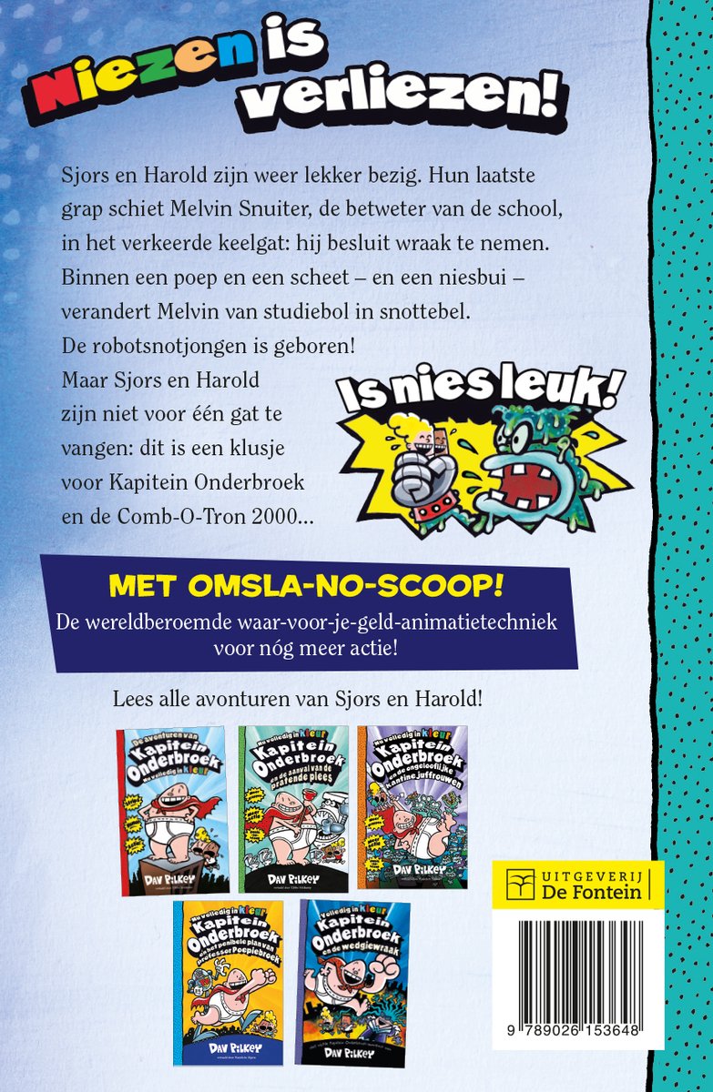 Achterkant van Kapitein Onderbroek 6, met tekst en afbeeldingen van de serie.