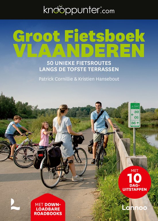Cover van 'Groot Fietsboek Vlaanderen' met een gezin dat fietst bij een wegwijzer. Tekst: '50 unieke fietsroutes', 'Met 10 daguitstappen'.