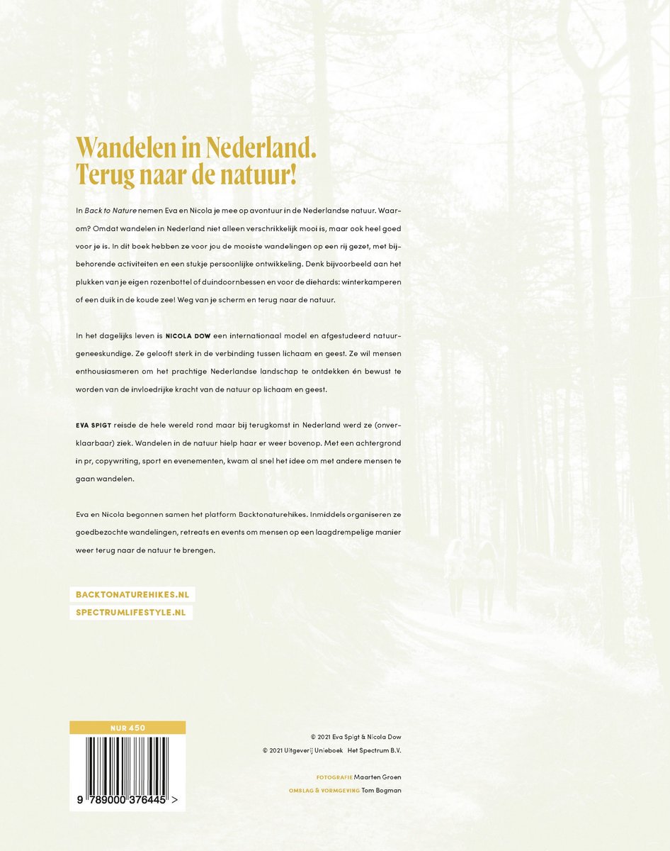 Boekomslag met de titel 'Wandelen in Nederland. Terug naar de natuur!' en tekst over het boek.