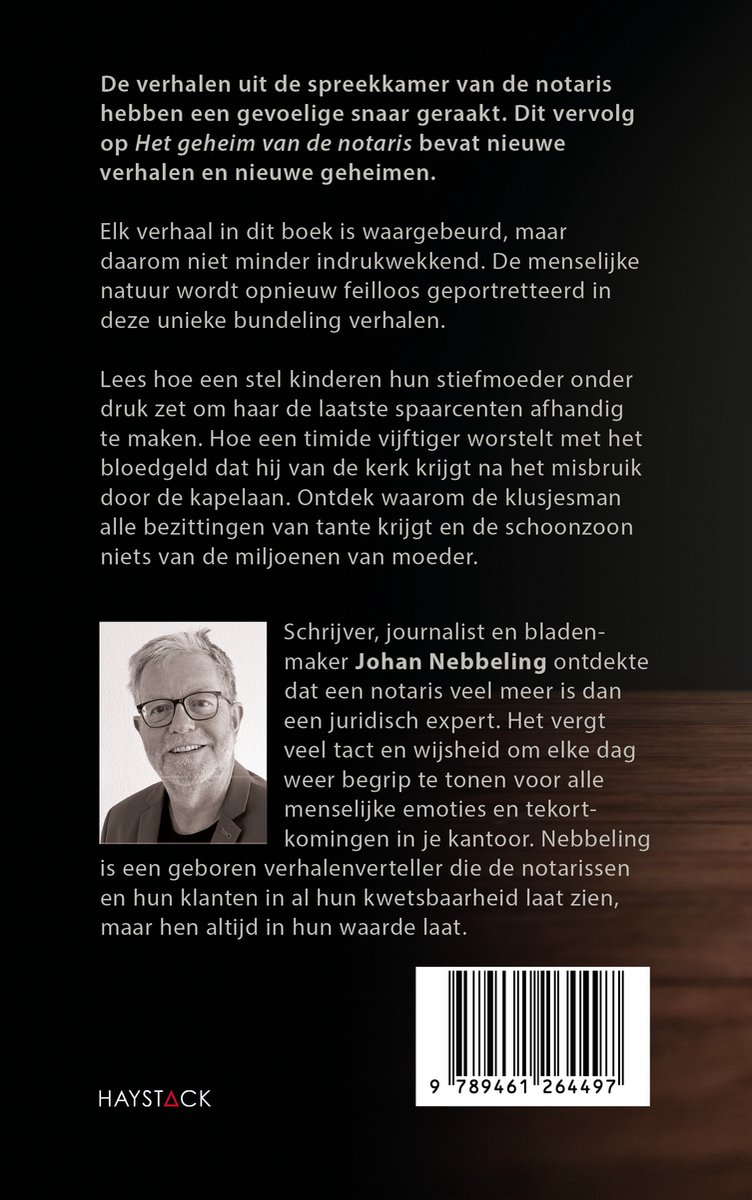 Boekcover met foto van Johan Nebbeling. De tekst beschrijft 'Nieuwe geheimen van de notaris'.