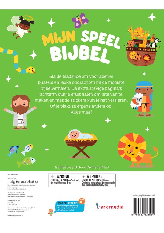 Achterkant van 'Mijn Speel Bijbel' met een illustratie van Noach's Ark, een leeuw en beschrijvingen.