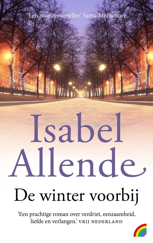 Livre 'De winter voorbij' d'Isabel Allende, avec une rue hivernale bordée d'arbres illuminés sur la couverture.