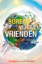 Voorflap van 'Boreas en de vijftien vrienden'. Een globe met een schip van bamboe en zeilen. Tekst: 'BOREAS EN DE VEFTIEN VRIENDEN'.