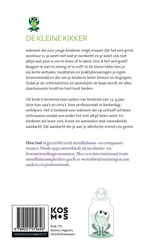 De achterkant van het boek 'De kleine kikker' met een illustratie van een kikker in een pot.