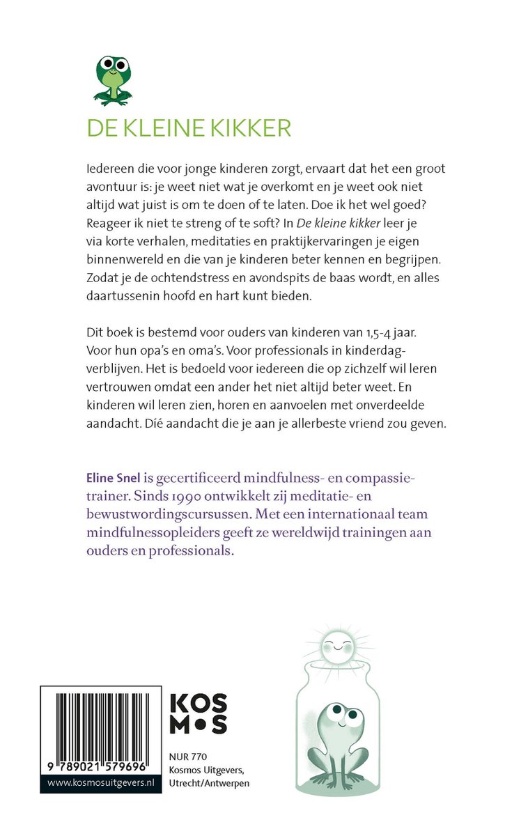 De achterkant van het boek 'De kleine kikker' met een illustratie van een kikker in een pot.