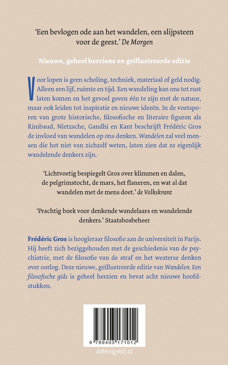 Boekomslag met tekst over wandelen door Frédéric Gros, met een verwijzing naar 'De Morgen' en 'Volkskrant'.