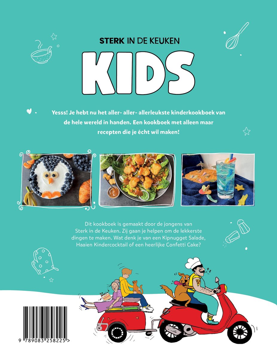 De achterkant van het "STERK IN DE KEUKEN KIDS" kookboek. Toont drie afbeeldingen van recepten: een pinguïn cake, kipnuggets en een cocktail. Onderaan staan illustraties van mensen en dieren.