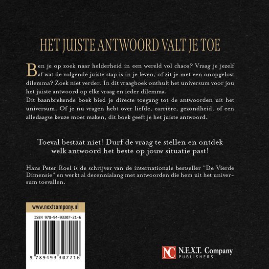 Dos d'un livre avec texte et code-barres ISBN. Titre : 'Het juiste antwoord valt je toe'.