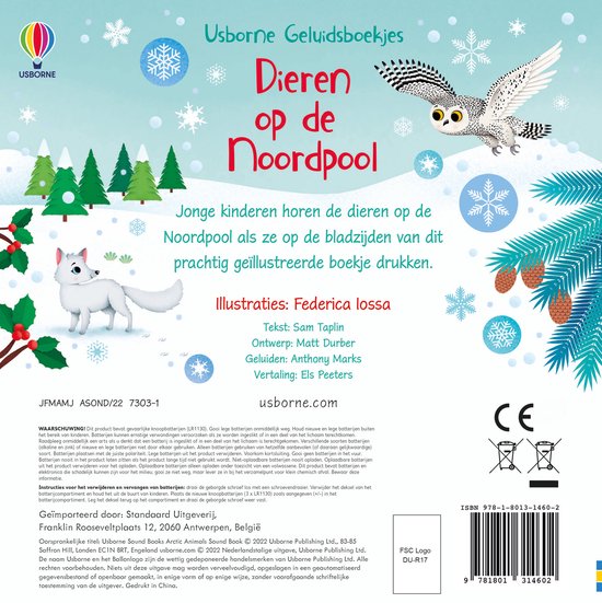 Boekcover met illustratie van een sneeuwuil, tekst over "Dieren op de Noordpool".
