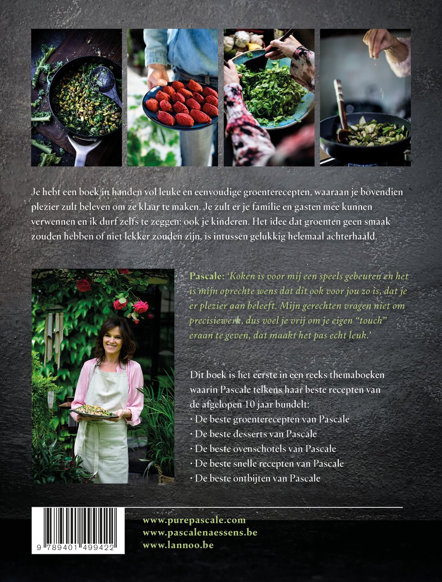 Achterkant van het boek 'De beste groenterecepten van Pascale' met kleine afbeeldingen van gerechten en ingrediënten.