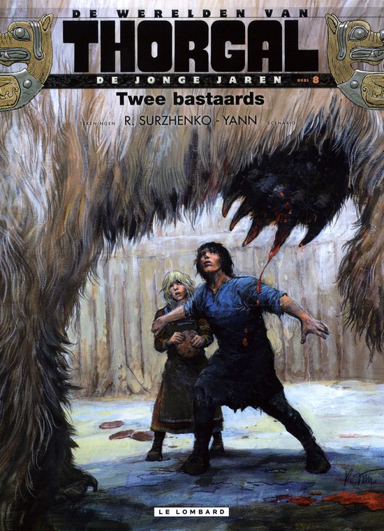 De jonge Thorgal en een jong meisje staan oog in oog met een beest met bruine vacht en bloederige klauwen. Titel: De Werelden van Thorgal, De Jonge Jaren, Deel 8: Twee bastaards.