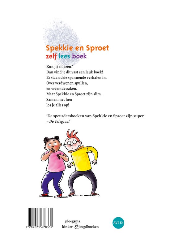 Boek "Spekkie en Sproet zelf lees boek" met twee vrolijke kinderen, een jongen en een meisje, op de voorkant. Ernaast een streepjescode.