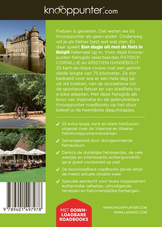 Knooppunter gids Een dagje uit met de fiets in België, met afbeeldingen van een kasteel en fietsers op een route.