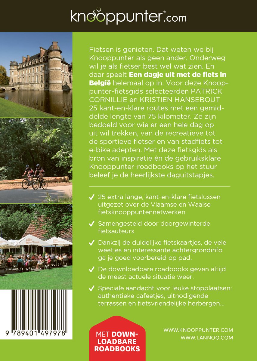 Knooppunter gids Een dagje uit met de fiets in België, met afbeeldingen van een kasteel en fietsers op een route.