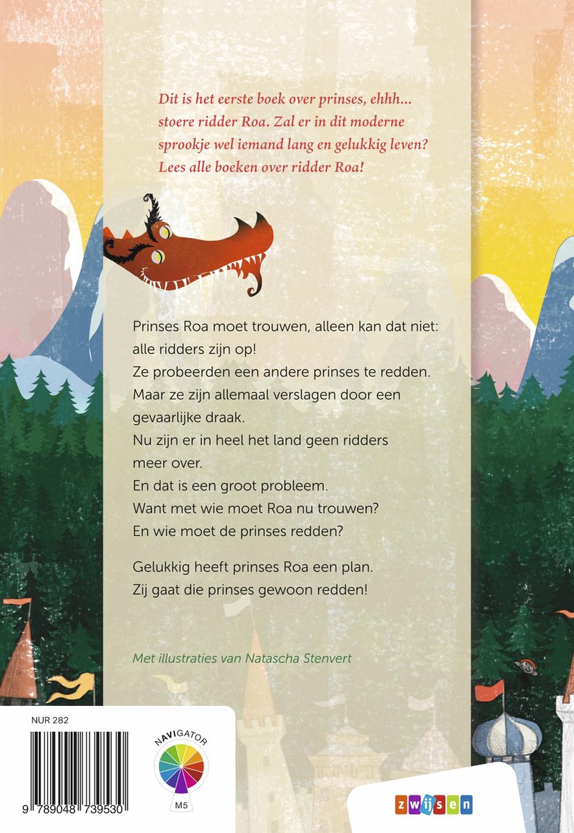Boekomslag met een oranje draak, bergen, bomen en een kasteel.