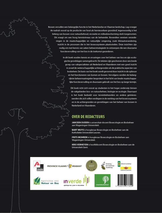 Achterkant boek 'Bosecologie en Bosbeheer' met tekst, logo's en een schematische boom.