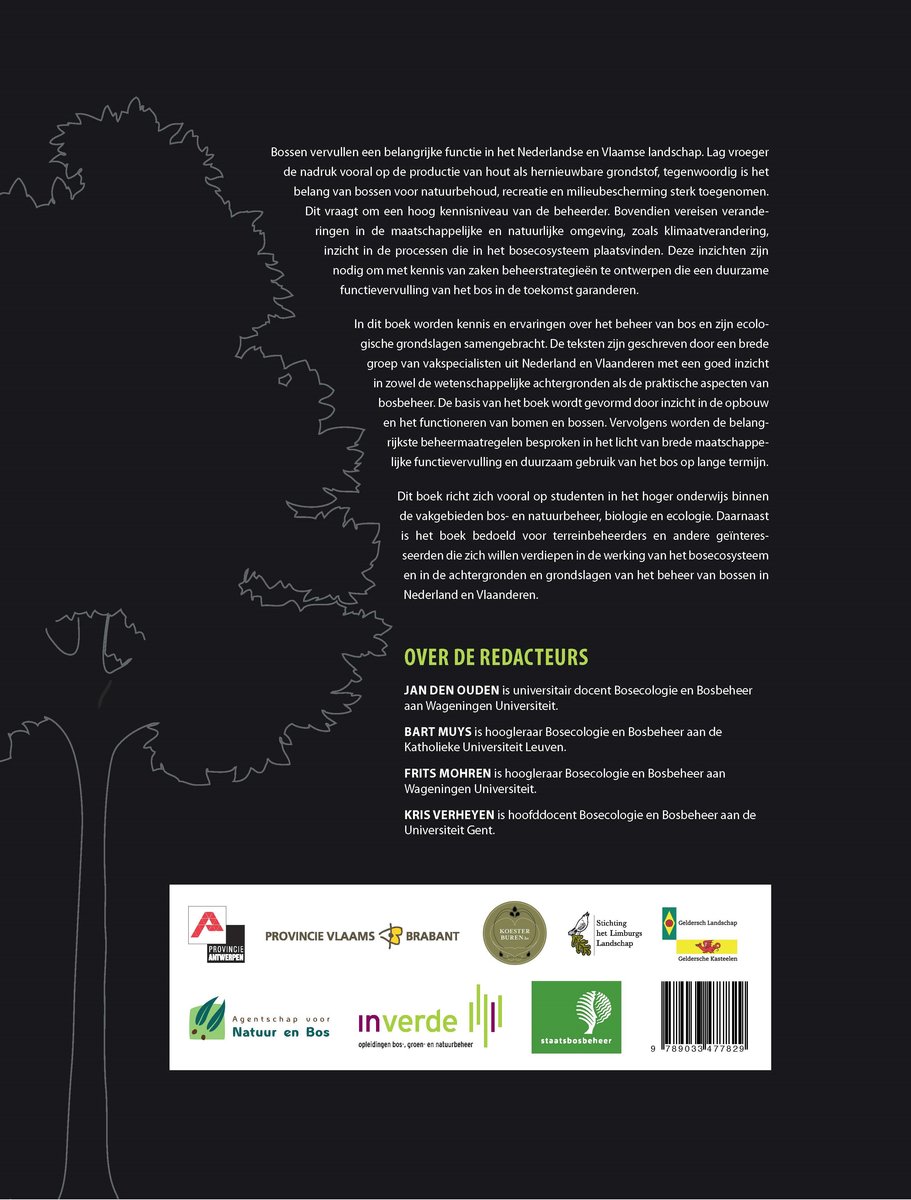 Achterkant boek 'Bosecologie en Bosbeheer' met tekst, logo's en een schematische boom.