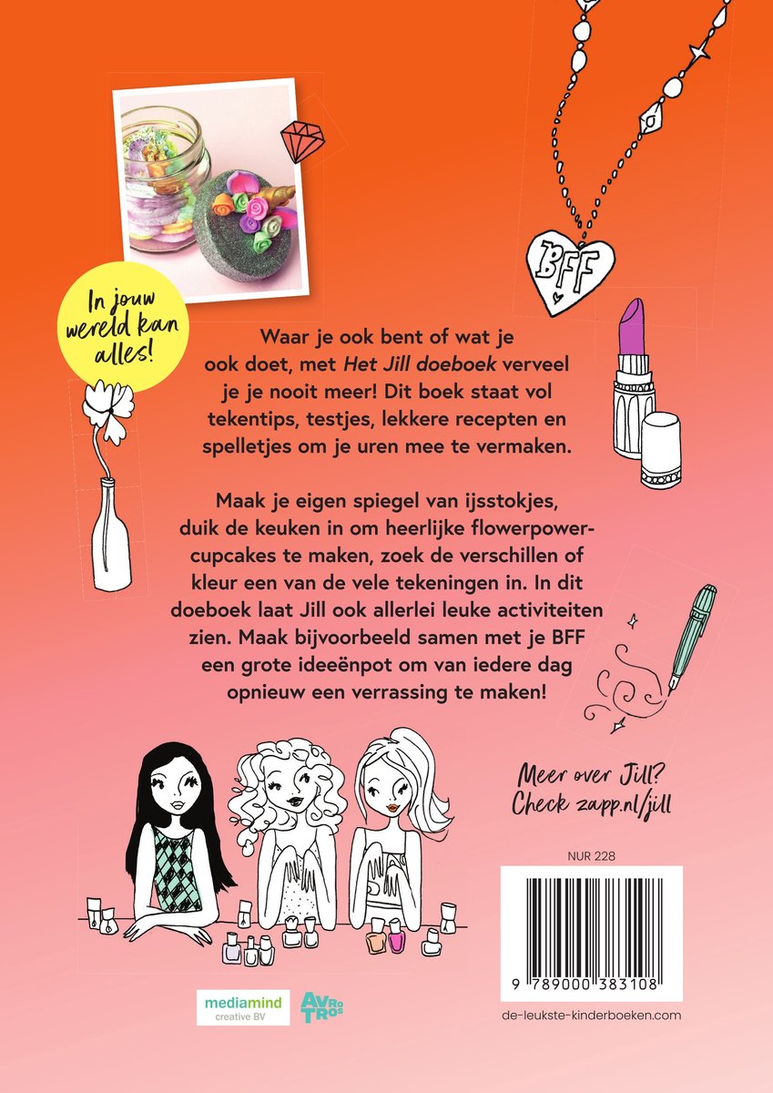 Boekomslag met illustraties van een vaas, een spiegel, cupcakes en drie meisjes. Tekst: 'In jouw wereld kan alles!' en 'Het Jill doeboek'.