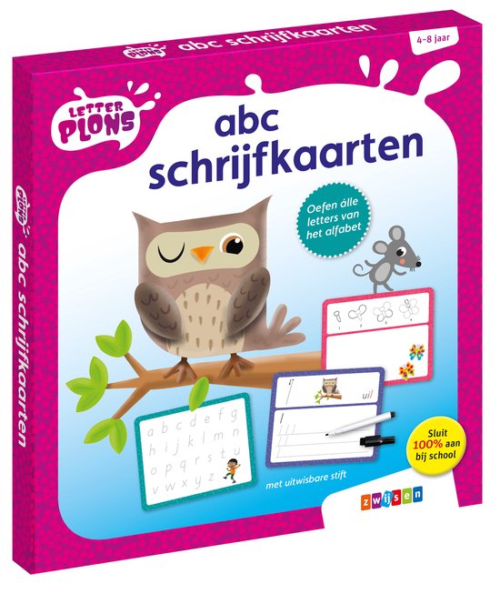 Doos met Letterplons abc schrijfkaarten met een uil en muis. Voor 4-8 jaar. Met uitwisbare stift.