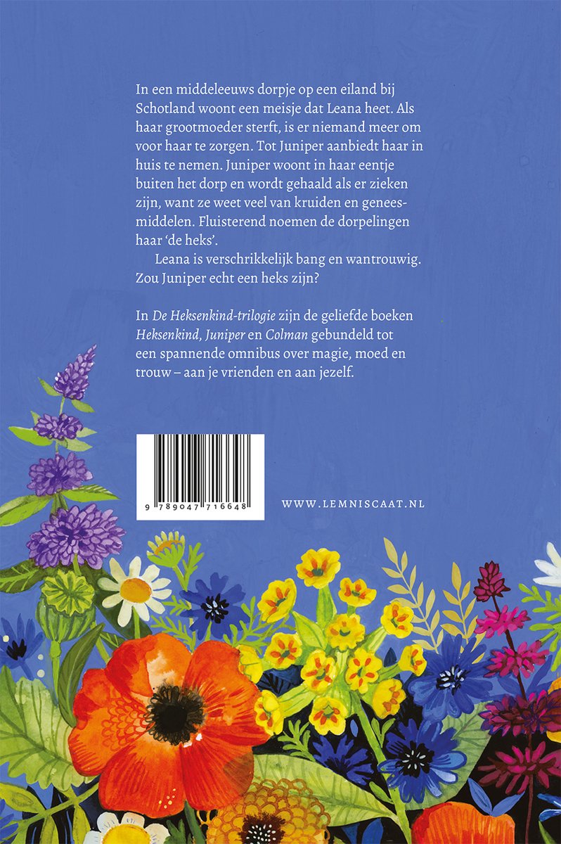 Boek kaft met paarse en blauwe bloemen. Achtergrond is blauw. Tekst: 'In een middeleeuws dorpje op een eiland bij Schotland woont een meisje dat Leana heet.'