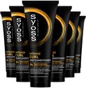 Zes zwarte tubes "Syoss Intense Curl Deep Conditioner" met gouden krullen en witte tekst. Stapel van de tubes.