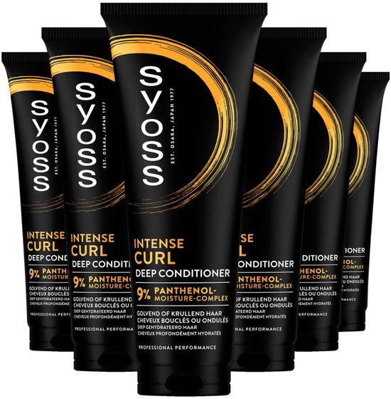 Zes zwarte tubes "Syoss Intense Curl Deep Conditioner" met gouden krullen en witte tekst. Stapel van de tubes.