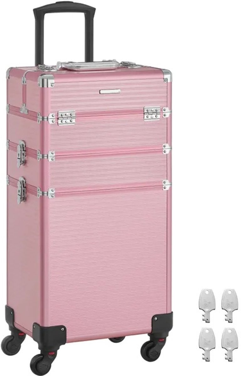 Cosmeticakoffer, grote trolley, met wielen, professioneel, make-up koffer leeg, beautycase, make-up koffer, 4 universele wielen, voor reizen en werk, Candy Pink, HMTM-BC-30021-PINK