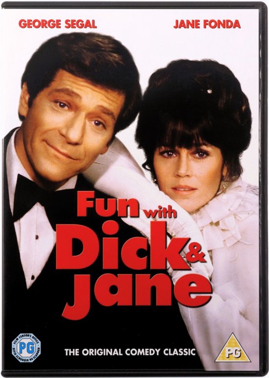 George Segal en Jane Fonda, met de titel 'Fun with Dick & Jane'. Segal draagt een smoking, Fonda een witte jurk.