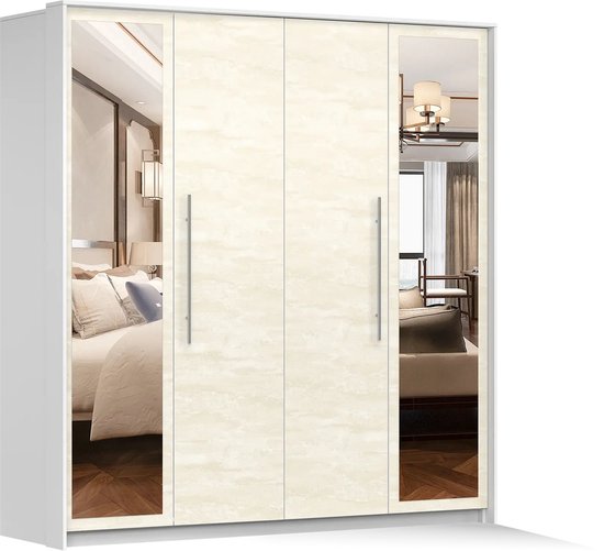 Armoire KAIRA 206 cm - Armoire 2 portes coulissantes avec miroir, tiroirs et tringle à vêtements - Armoire moderne pour chambre et couloir