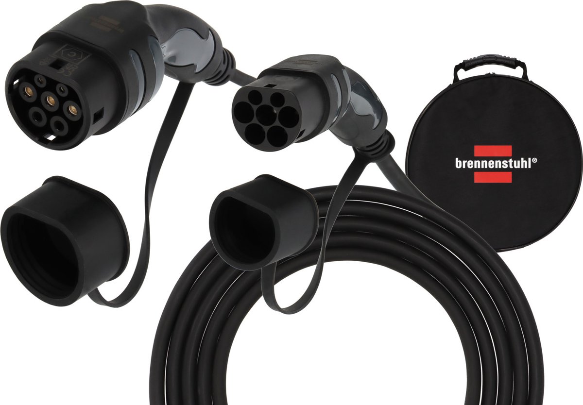 Brennenstuhl ev type 2 laadkabel 22kw (e-mobility type 2 laadkabel 5m, ip55, 3-fase, mode 3 laadkabel met tas voor elektrische & hybride voertuigen) afbeelding