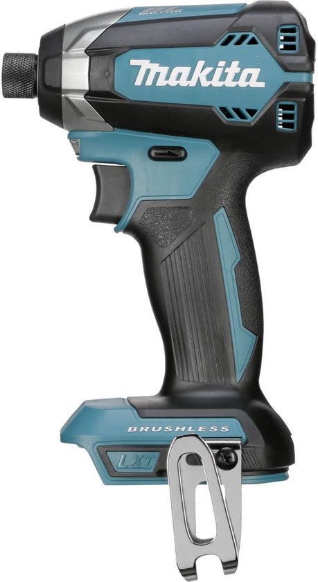 Makita slagschroevendraaier met zwarte grip, turquoise accenten en zilveren details.