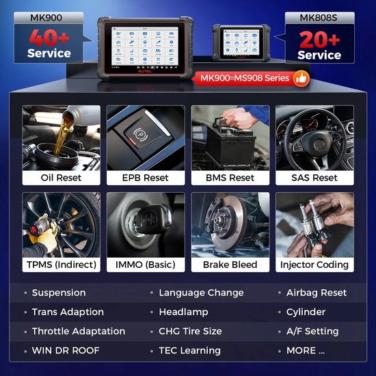 Vergelijking van Autel MK900 met 40+ services en MK808S met 20+ services. Afbeeldingen tonen specifieke onderhoudstaken.