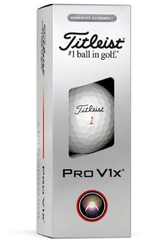 Doos met Titleist Pro Vix golfballen met "#1 ball in golf"-logo en "ENHANCED ALIGNMENT"-tekst.
