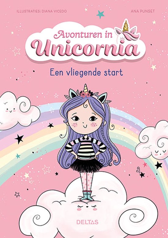 Boekomslag van 'Avonturen in Unicornia - Een vliegende start' met een meisje met paars haar dat op een wolk staat, voor een regenboog.