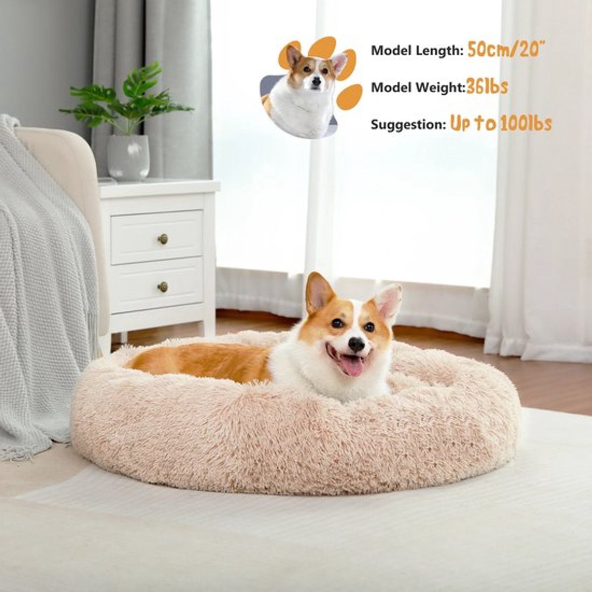 Gran Vida® - Hondenkussen - Zachte Fleece - Kalmerend Nest - Ronde Vorm - 80x20 cm - Wasbaar en Duurzaam - Beige