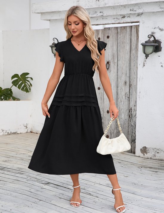 Damesjurk Lange zomerjurk Casual swingjurk Korte mouw Maxi-jurk Ruches Vrijetijdsjurk Zwart S