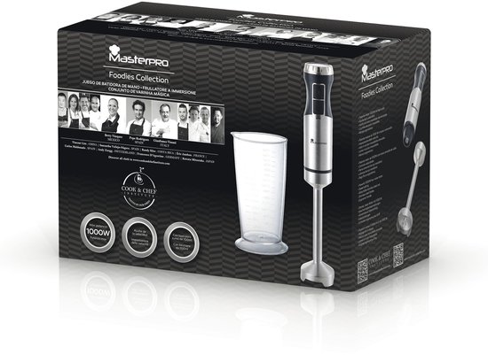 MasterChef Staafmixer Met Hakmolen, 4 In 1, Elektrische Garde Maatbeker Van 700 Ml Keukenapparaat 2 Snelheden Vaatwasmachinebestendig 200 W Kunststof Zwart 753044189