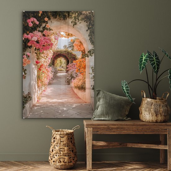 MuchoWow® Peinture sur verre 80x120 cm - Peinture sur verre acrylique - Vue à travers - Arche - Fleurs - Pastel - Photo sur verre - Décoration murale salon - Décoration murale chambre - Peintures