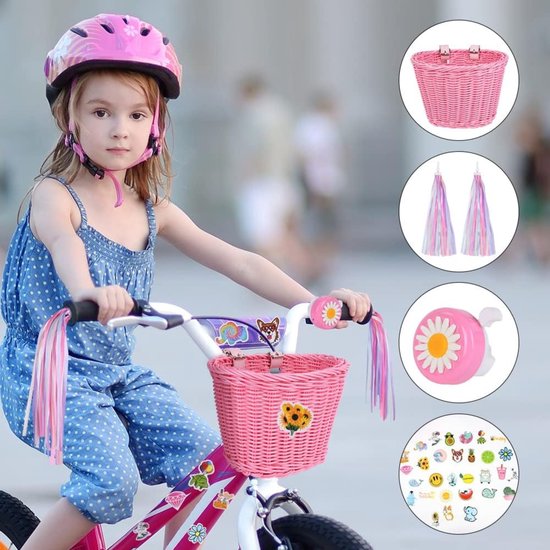 Fietskrat Kinderfietsmand Handgeweven Fietsmand Voor Kinderen Fietsmand Met Fietsaccessoires Voor Meisjes Jongens Kinderen - Roze Fietskrat van Fastmile — afbeelding 5