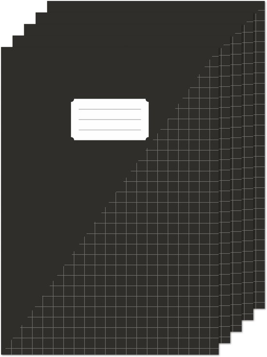 Stapel zwarte notitieboeken met een ruitjespatroon en een wit label.