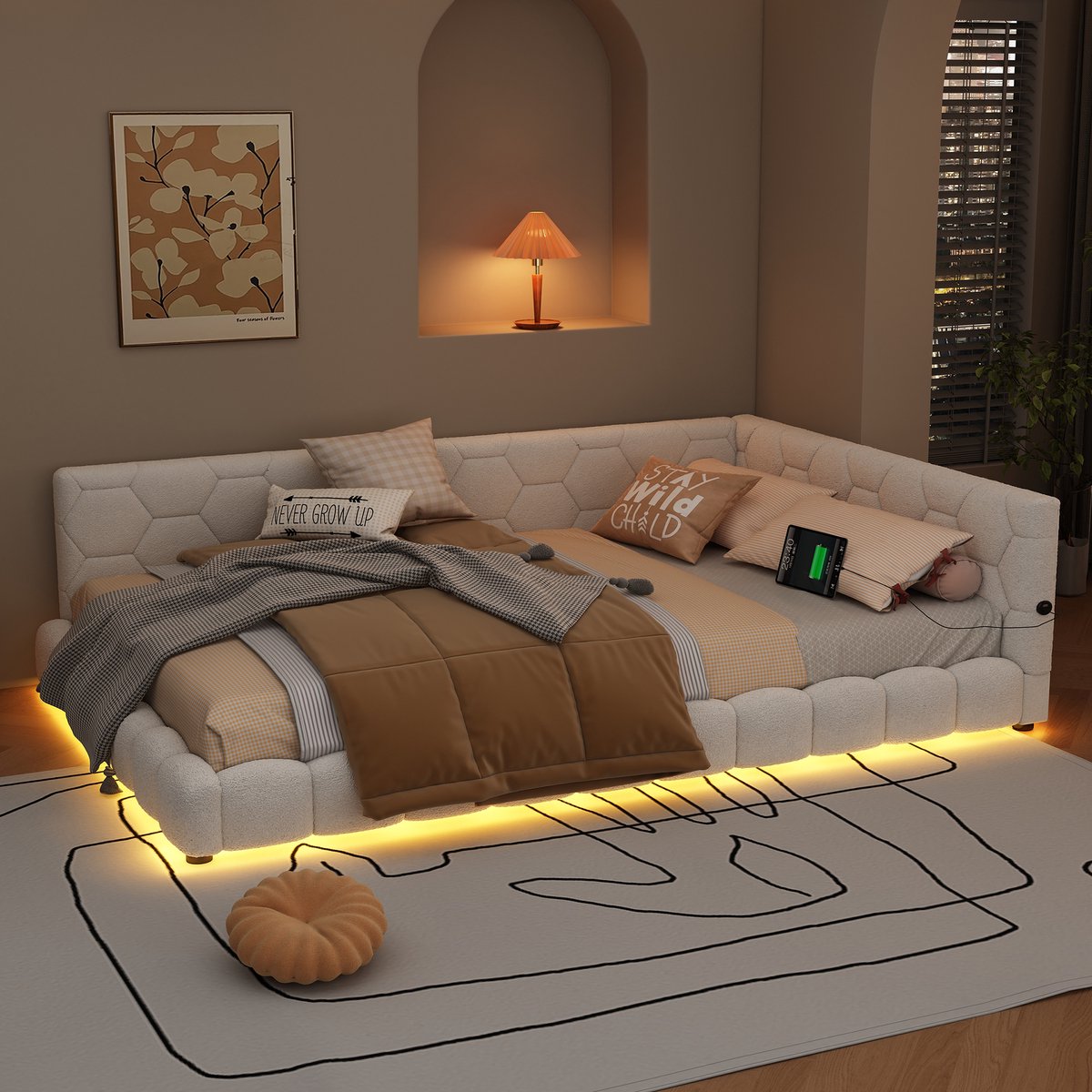 Ligbed - 140*200cm - slaapbank - zonder matras - 16 kleuren omgevingslicht - USB-poort - Type-C - imitatiefleece - wit