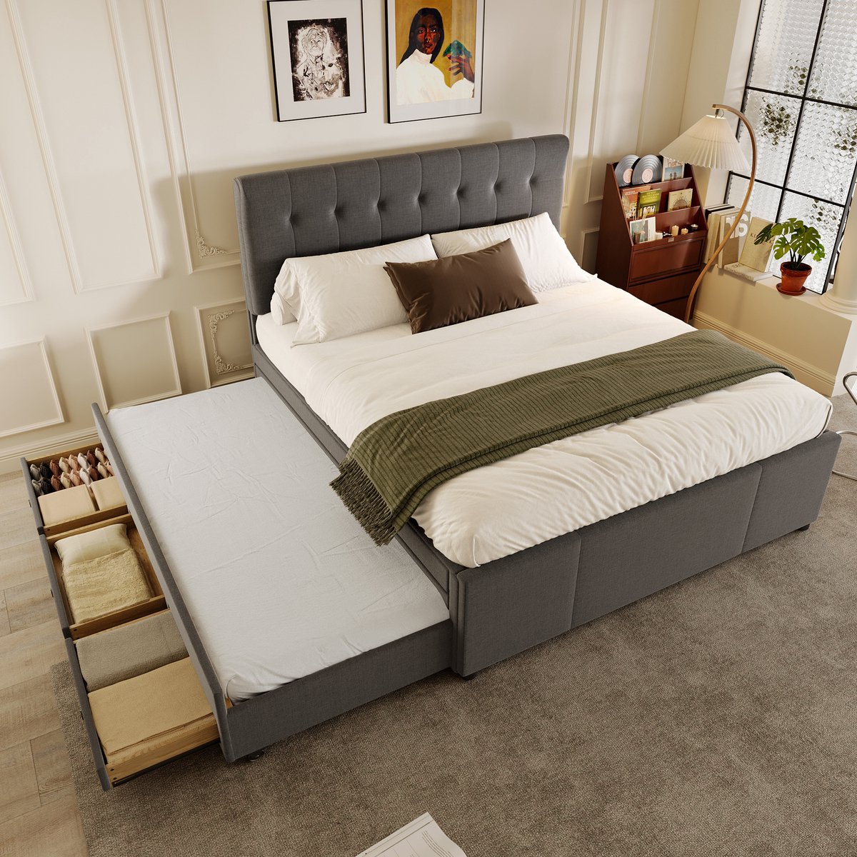 Gestoffeerd bed - 140x200cm - Tweepersoonsbed - Familiebed met drie lades - Uitschuifbaar bed - Verstelbaar hoofdeinde - Zonder matras - Grijs