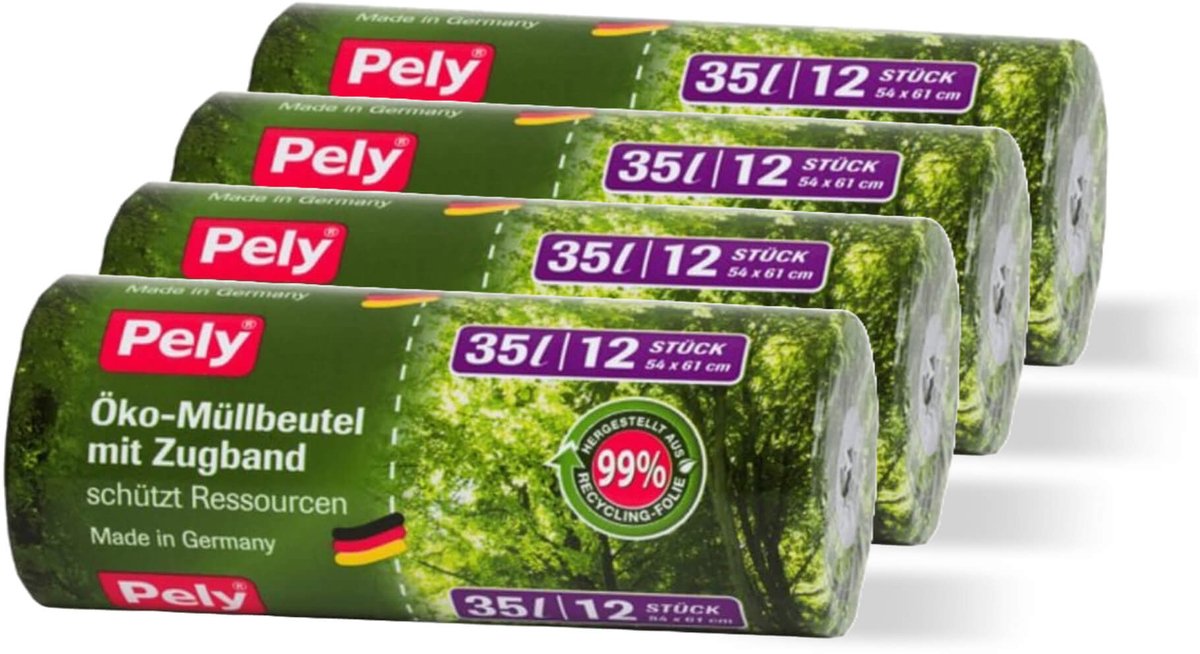 Goedkoopste Pely® | 4 x 12 stuks Eco-trekband vuilniszakken | 35 liter | pedaalemmerzakken 54 x 61 cm | 99 gerecycled materiaal | klimaat vriendelijk | Multipack