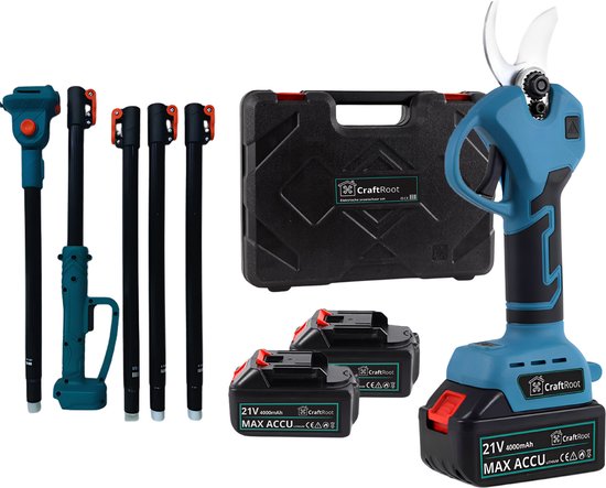 Foto: Craftroot elektrische snoeischaar verlengstok incl opbergkoffer en 2x 4 0ah accu s instelbare verlengset 1m 2 5m professionele draadloze heggenschaar 30mm snijdiameter elektrische takkenschaar tuin snoei schaar voor heggen takken