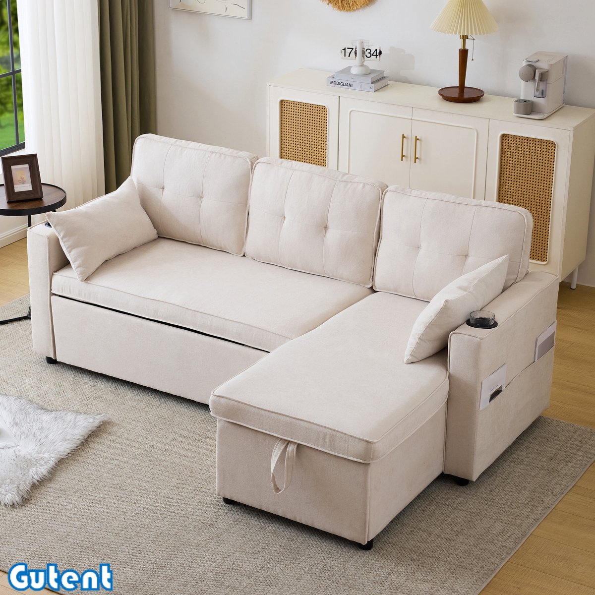 Gutent Sofa - L-vormige bank - met slaapfunctie - Gestoffeerd meubel - Met opbergruimte - Met bekerhouder - Uitwisselbaar links en rechts - Beige