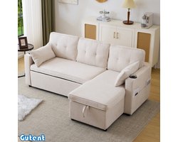 Gutent Sofa - L-vormige bank - met slaapfunctie - Gestoffeerd meubel - Met opbergruimte - Met bekerhouder - Uitwisselbaar links en rechts - Beige